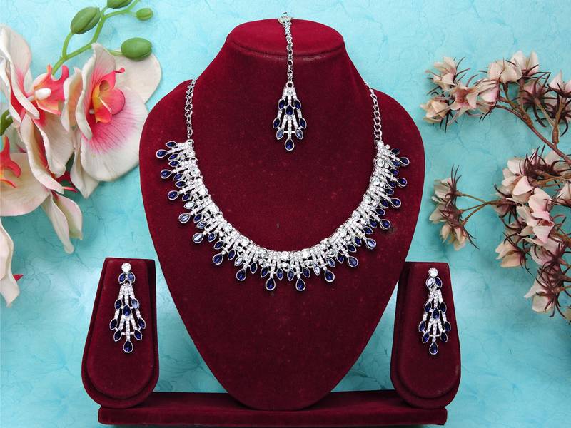 Blue rhodium premium designer american diamond and stone work necklace set