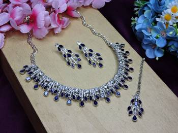 Blue rhodium premium designer american diamond and stone work necklace set 2