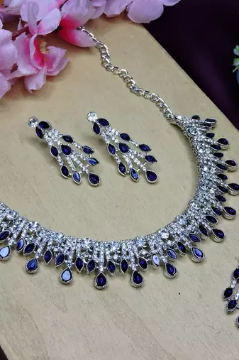 Blue rhodium premium designer american diamond and stone work necklace set