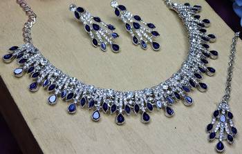 Blue rhodium premium designer american diamond and stone work necklace set 3