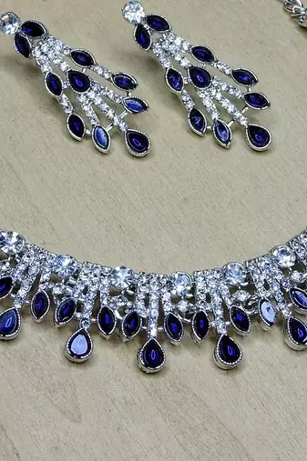 Blue rhodium premium designer american diamond and stone work necklace set