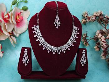 Pink rhodium premium designer american diamond and stone work necklace set 1