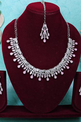 Pink rhodium premium designer american diamond and stone work necklace set