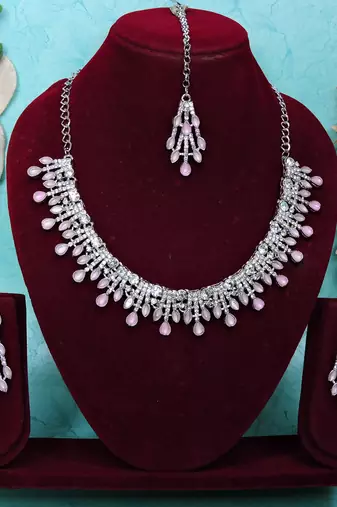 Pink rhodium premium designer american diamond and stone work necklace set