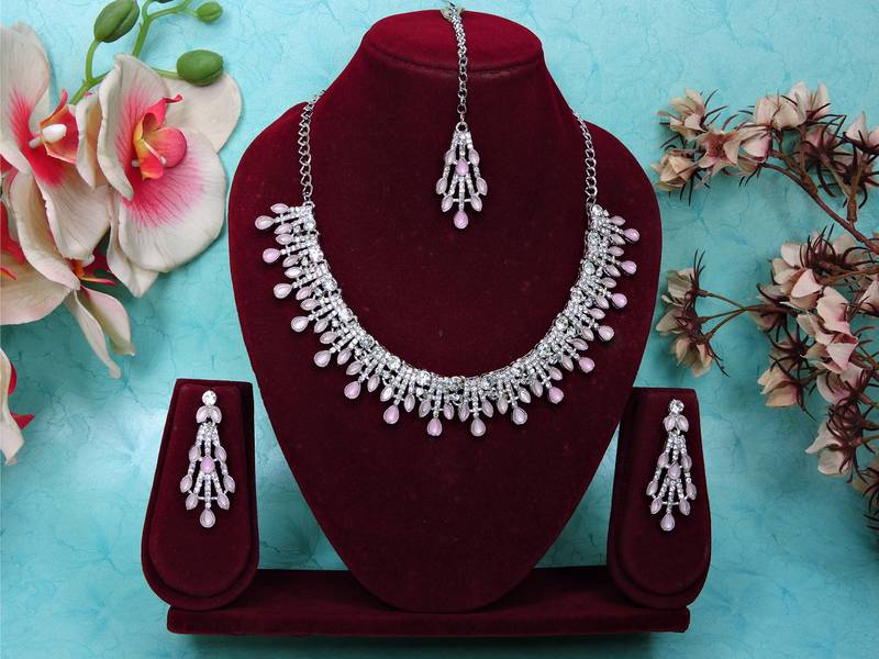 Pink rhodium premium designer american diamond and stone work necklace set
