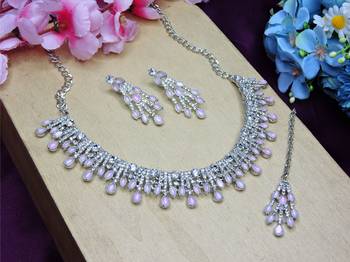 Pink rhodium premium designer american diamond and stone work necklace set 2