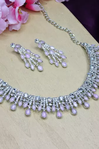 Pink rhodium premium designer american diamond and stone work necklace set