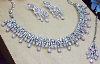 Pink rhodium premium designer american diamond and stone work necklace set 3