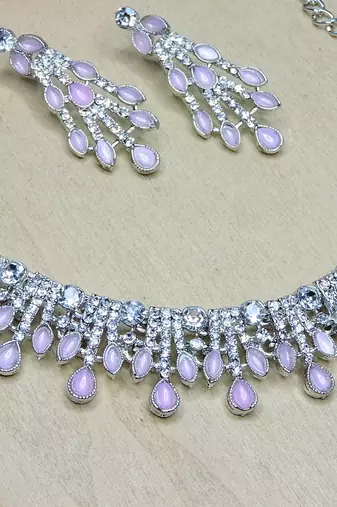 Pink rhodium premium designer american diamond and stone work necklace set