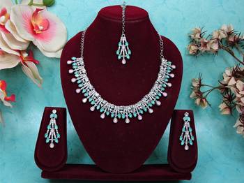 Green rhodium premium designer american diamond and stone work necklace set 1