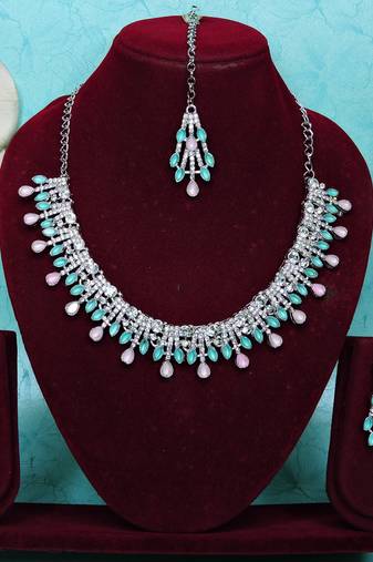 Green rhodium premium designer american diamond and stone work necklace set