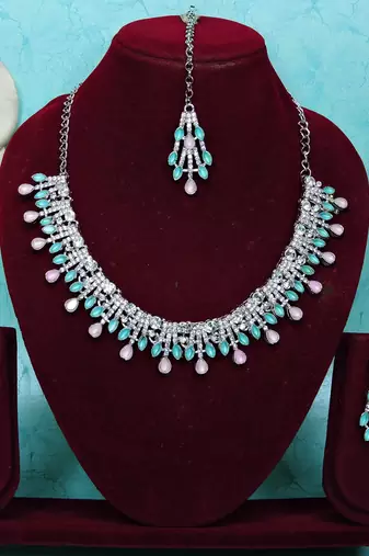 Green rhodium premium designer american diamond and stone work necklace set