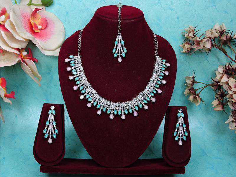 Green rhodium premium designer american diamond and stone work necklace set