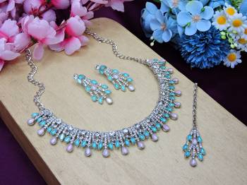Green rhodium premium designer american diamond and stone work necklace set 2