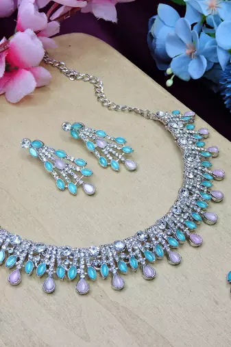 Green rhodium premium designer american diamond and stone work necklace set