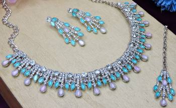 Green rhodium premium designer american diamond and stone work necklace set 3