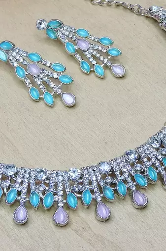 Green rhodium premium designer american diamond and stone work necklace set