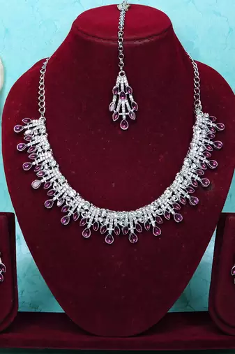 Purple rhodium premium designer american diamond and stone work necklace set