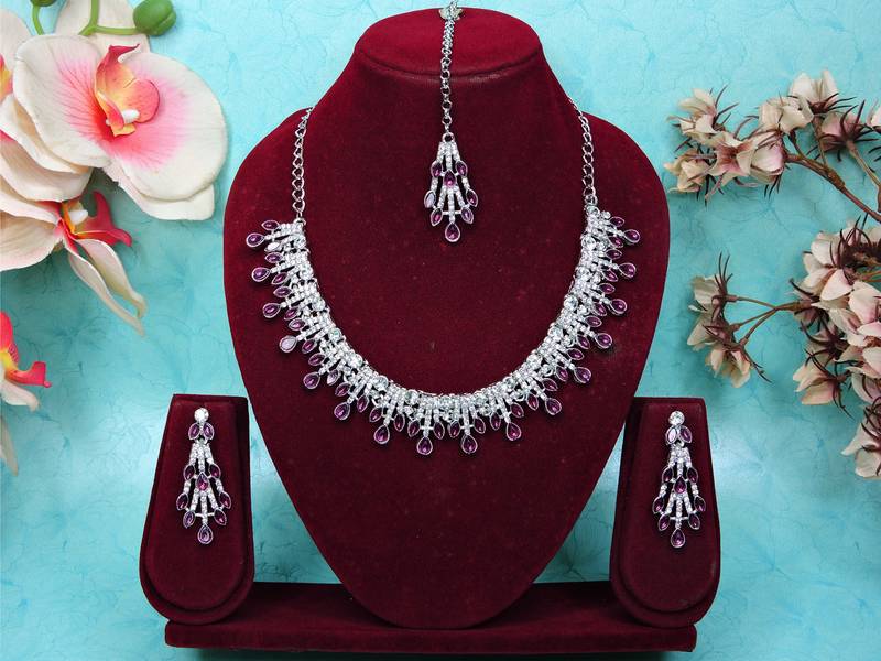 Purple rhodium premium designer american diamond and stone work necklace set