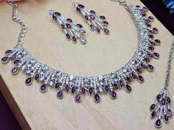 Purple rhodium premium designer american diamond and stone work necklace set 2