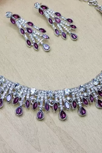 Purple rhodium premium designer american diamond and stone work necklace set