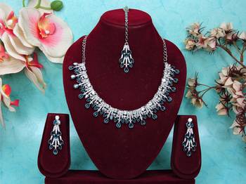Blue rhodium premium designer american diamond and stone work necklace set 1