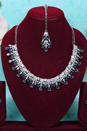 Blue rhodium premium designer american diamond and stone work necklace set