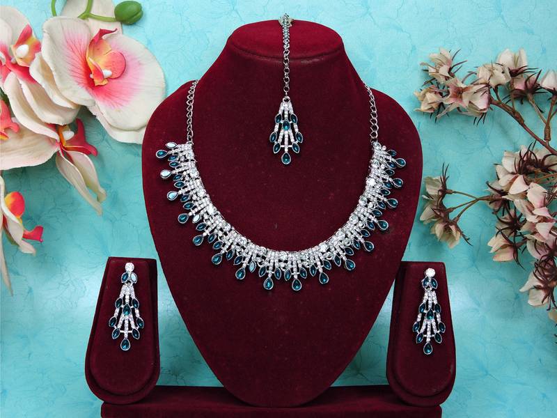 Blue rhodium premium designer american diamond and stone work necklace set