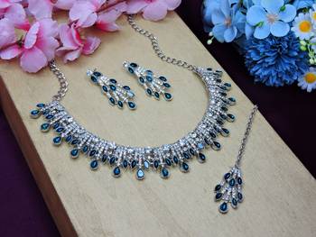 Blue rhodium premium designer american diamond and stone work necklace set 2