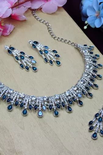 Blue rhodium premium designer american diamond and stone work necklace set