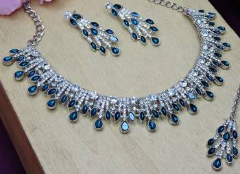 Blue rhodium premium designer american diamond and stone work necklace set 3