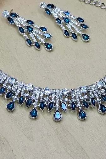 Blue rhodium premium designer american diamond and stone work necklace set