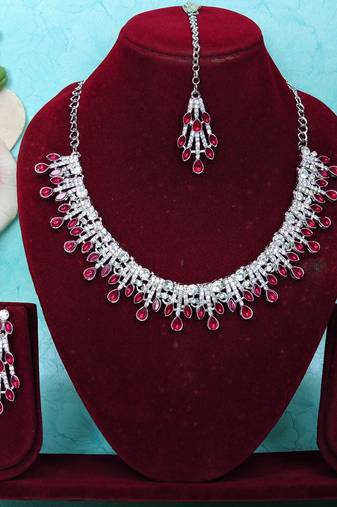 Pink rhodium premium designer american diamond and stone work necklace set