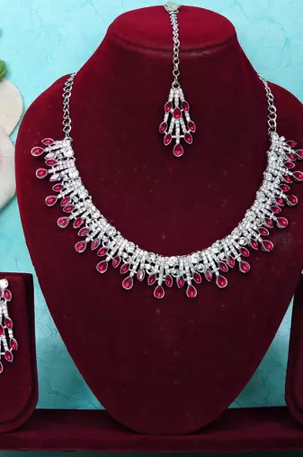 Pink rhodium premium designer american diamond and stone work necklace set