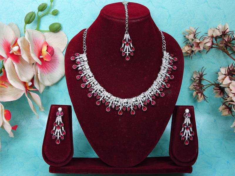 Pink rhodium premium designer american diamond and stone work necklace set