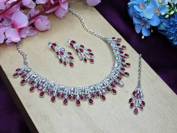 Pink rhodium premium designer american diamond and stone work necklace set 2