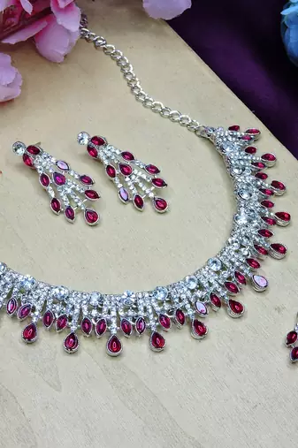 Pink rhodium premium designer american diamond and stone work necklace set