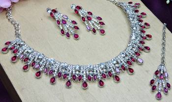 Pink rhodium premium designer american diamond and stone work necklace set 3