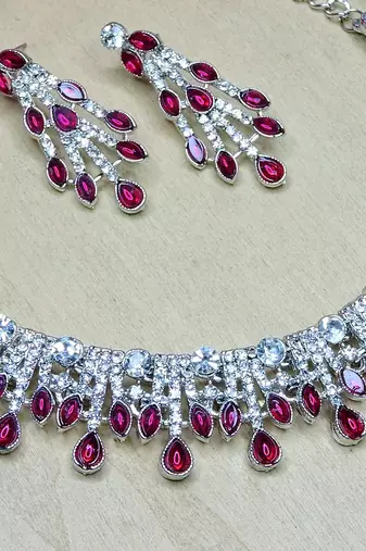 Pink rhodium premium designer american diamond and stone work necklace set