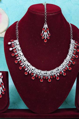 Red rhodium premium designer american diamond and stone work necklace set