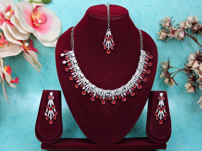 Red rhodium premium designer american diamond and stone work necklace set