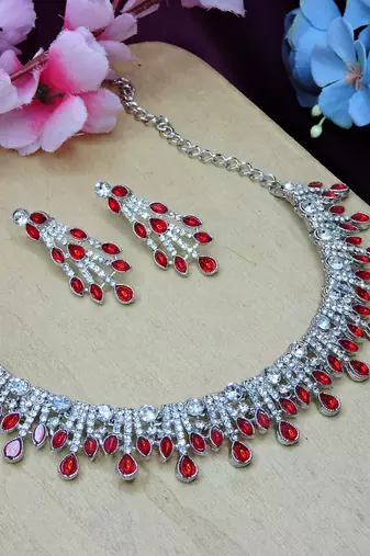Red rhodium premium designer american diamond and stone work necklace set