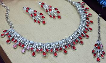 Red rhodium premium designer american diamond and stone work necklace set 3