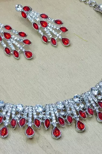 Red rhodium premium designer american diamond and stone work necklace set