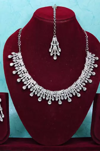 White rhodium premium designer american diamond and stone work necklace set