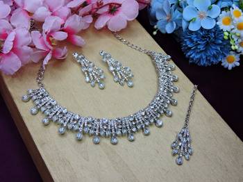 White rhodium premium designer american diamond and stone work necklace set 2