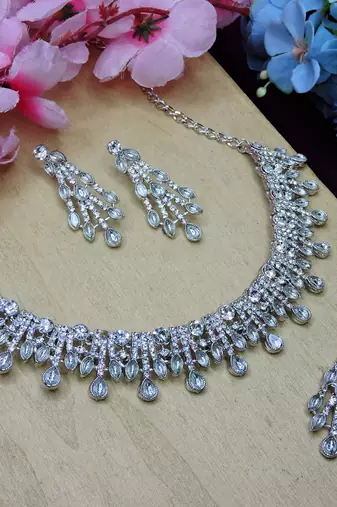 White rhodium premium designer american diamond and stone work necklace set