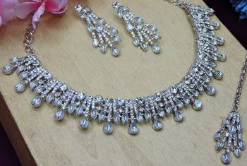White rhodium premium designer american diamond and stone work necklace set 3