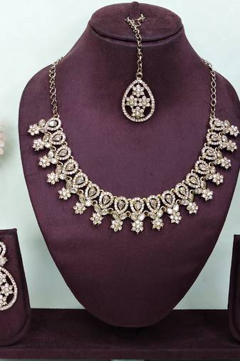 Gold yellow gold premium designer american diamond and stone work necklace set