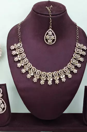 Gold yellow gold premium designer american diamond and stone work necklace set